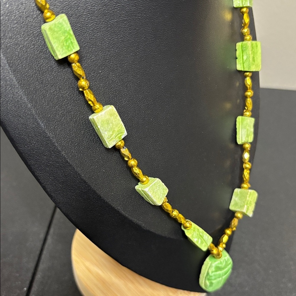 Scarab Rock Beaded Lime Green Gold Necklace - Picture 6 of 7